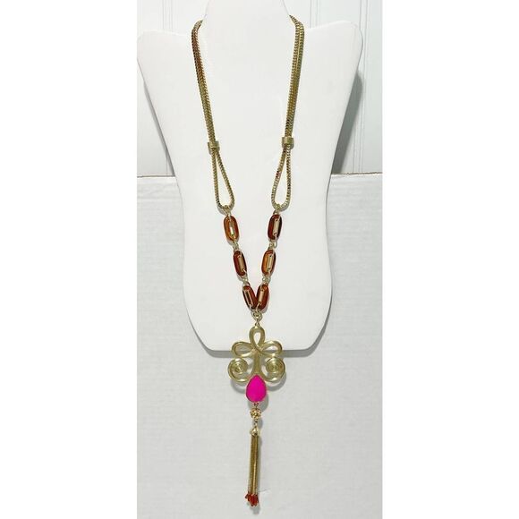 Lilly Pulitzer Boho‎ Lariat Necklace Gold Tone Chain Pink Stone Tassel Pendant - Picture 2 of 11